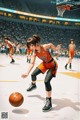 A woman in an orange and black uniform dribbling a basketball.