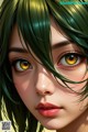 A close up of a girl with green hair and yellow eyes.