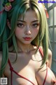 A woman with green hair wearing a red bikini.