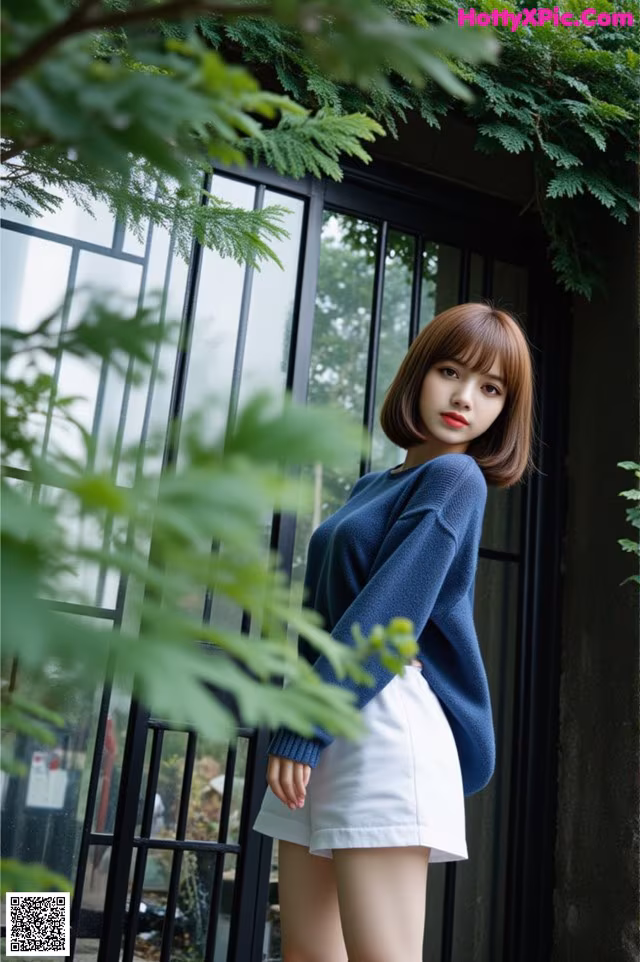 A woman in a blue sweater and white skirt posing for a picture.