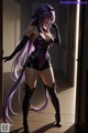 A woman with long purple hair standing in a doorway.